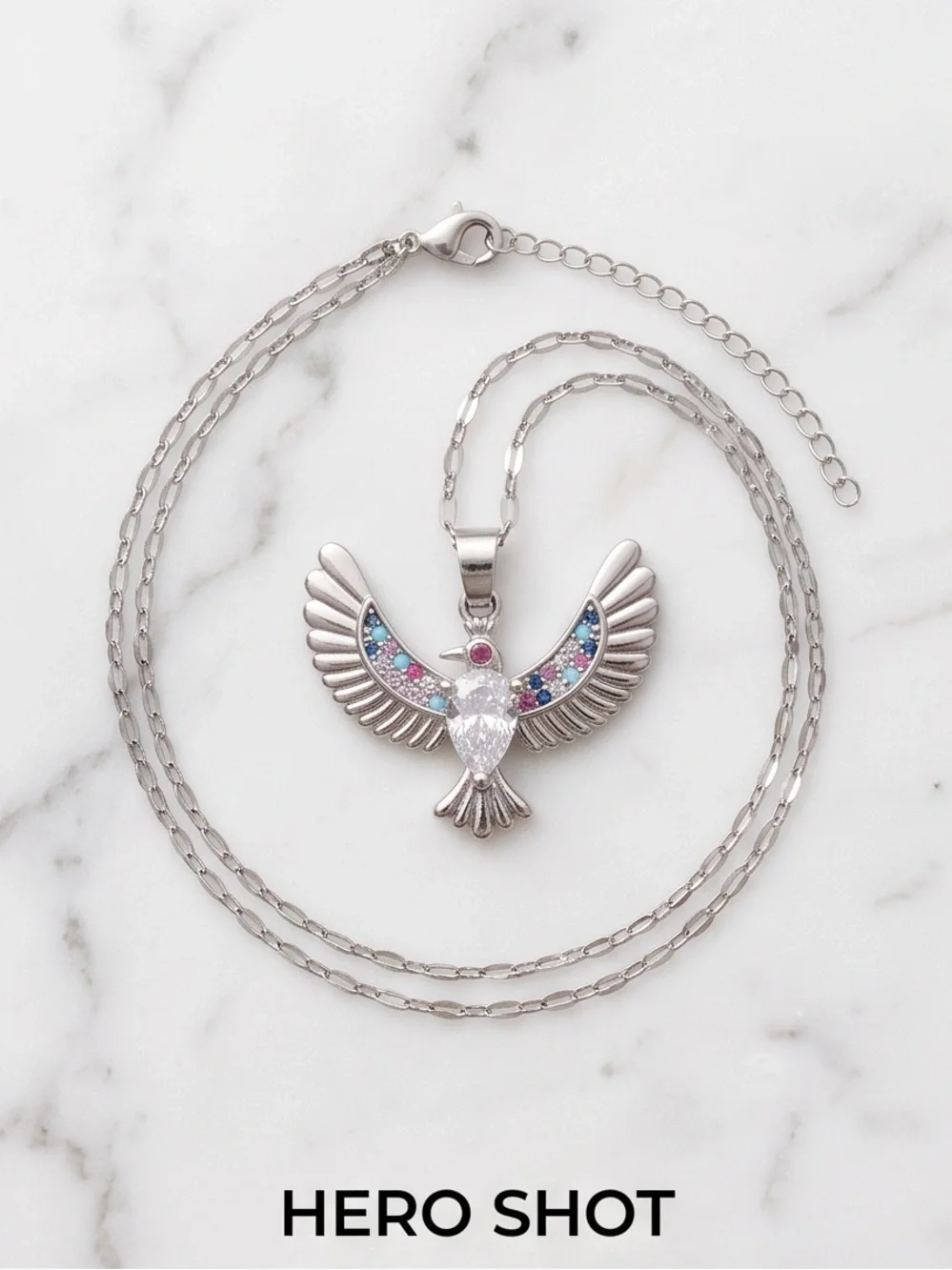 Sterling-Style Multi-Stone Bird Pendant Necklace - Pink, Turquoise & Blue Adjust
